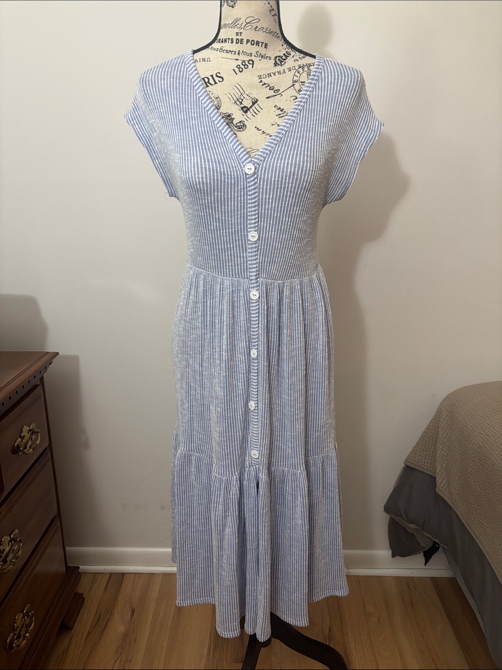 Caution To The Wind Light Blue & White Striped Button-Front Midi Dress